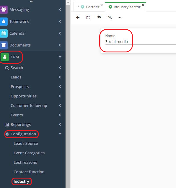 1.4. Create new industry. When creating an industry sector (access: CRM → Configuration → Industry → click on + in order to add a new industry), give the new industry sector a name. Save changes.